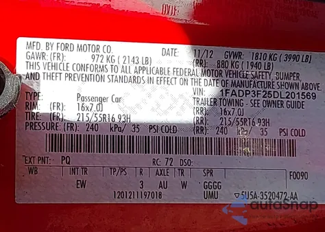 2013 Ford Focus Se from USA, damaged, VIN 1FADP3F25DL201569